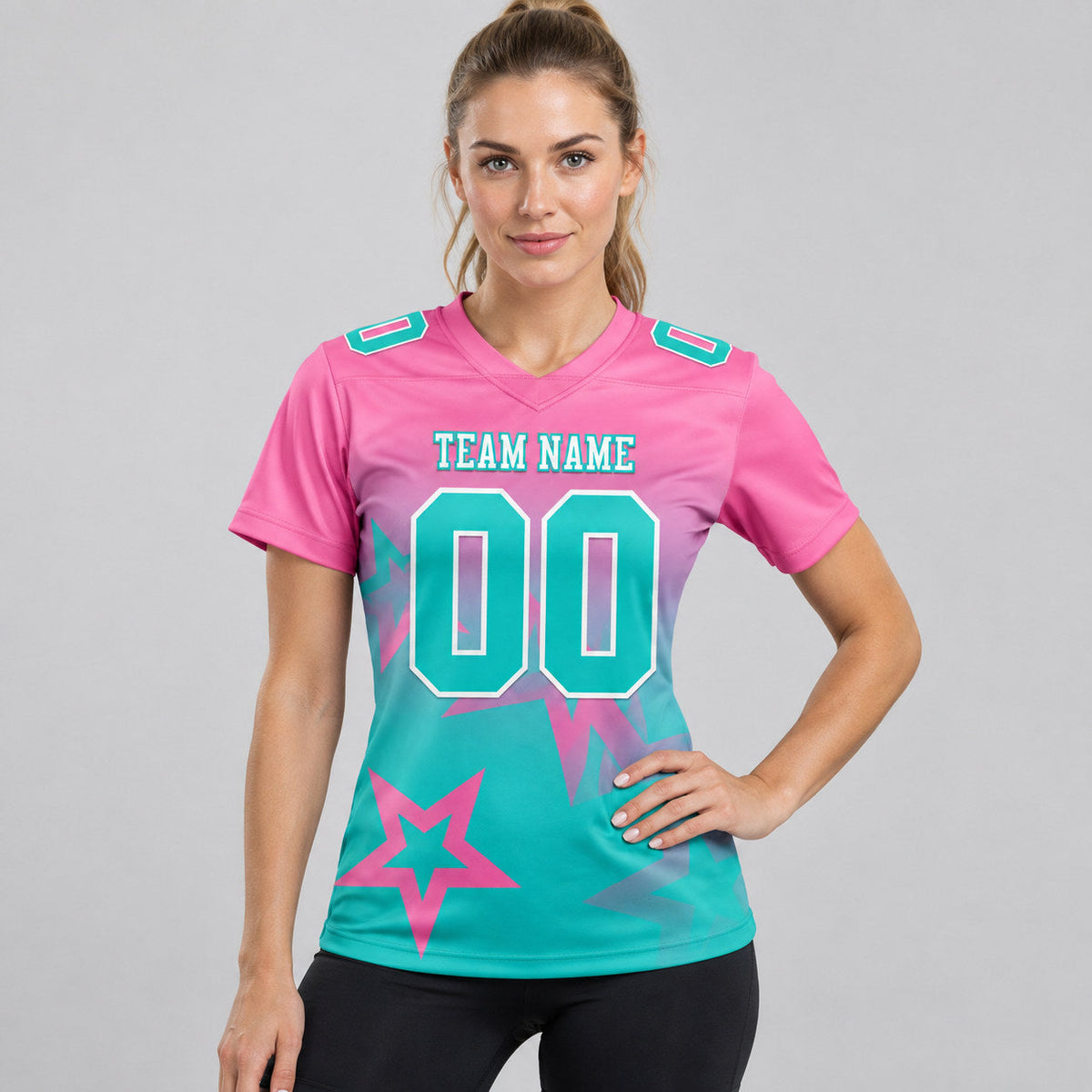 Custom Pink Gradient Twinkle Star Authentic Football Jersey with Aqua and White Lettering worn by female model