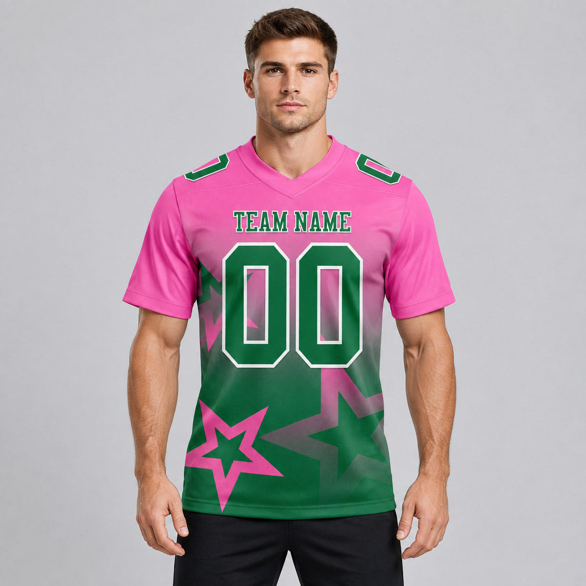 Custom Pink Gradient Twinkle Star Authentic Football Jersey with Kelly Green and White Lettering worn by male model
