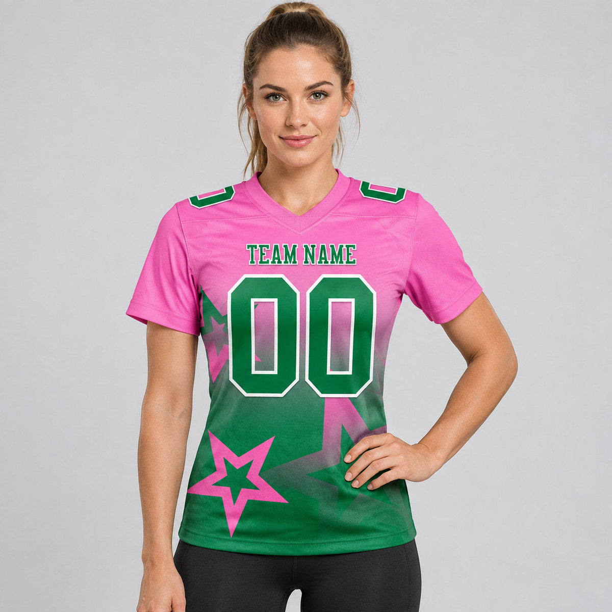 Custom Pink Gradient Twinkle Star Authentic Football Jersey with Kelly Green and White Lettering worn by female model