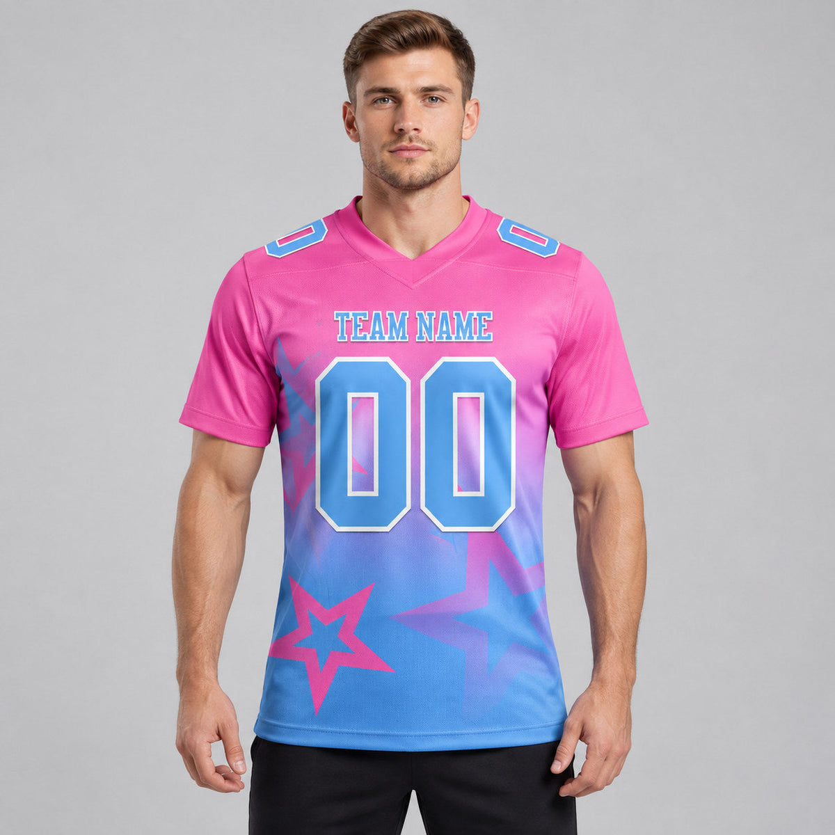 Custom Pink Gradient Twinkle Star Authentic Football Jersey with Light Blue and White Lettering worn by male model