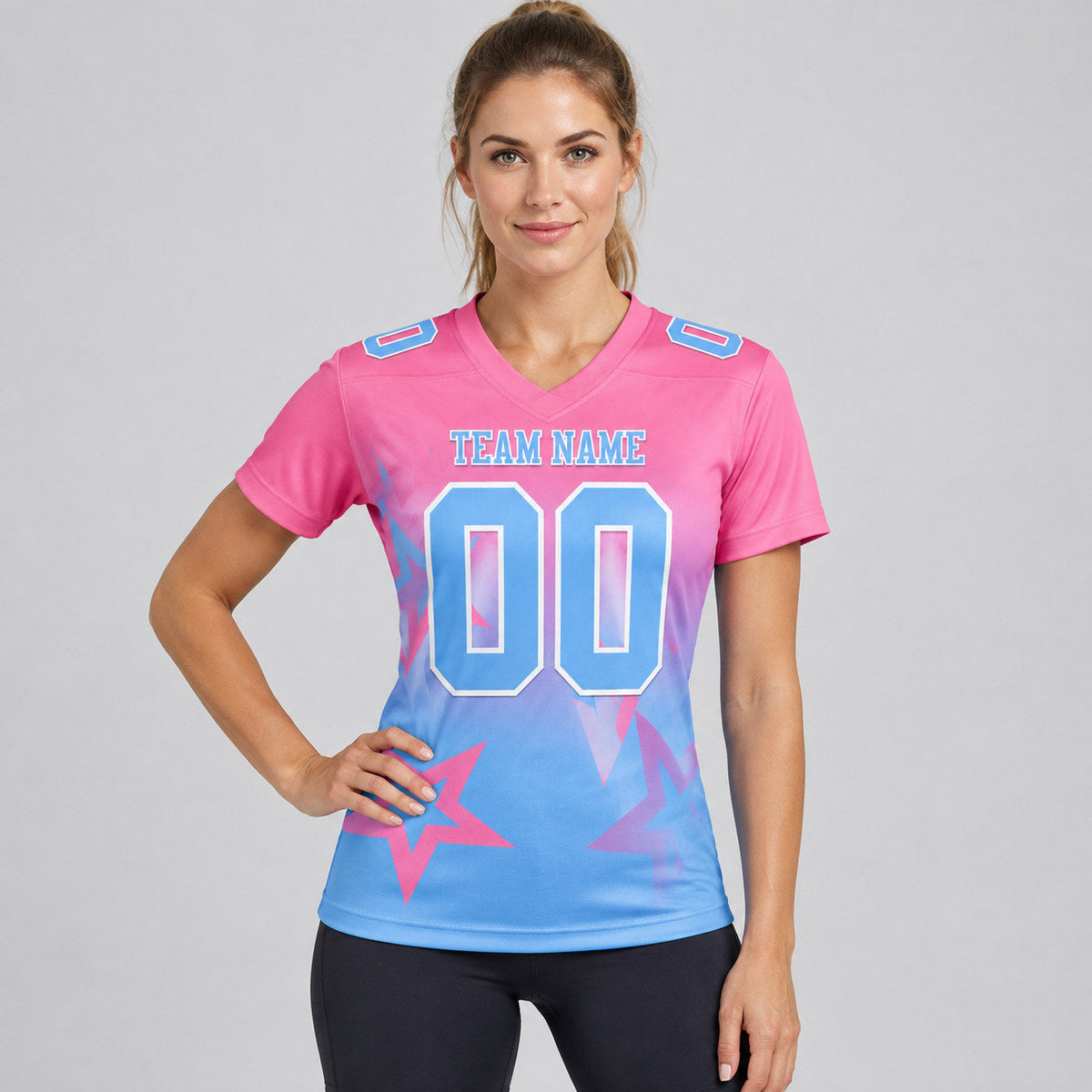 Custom Pink Gradient Twinkle Star Authentic Football Jersey with Light Blue and White Lettering worn by female model