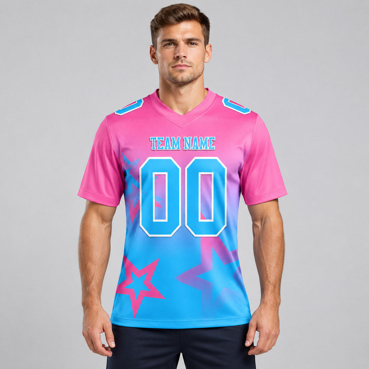 Custom Pink Gradient Twinkle Star Authentic Football Jersey with Sky Blue and White Lettering worn by male model