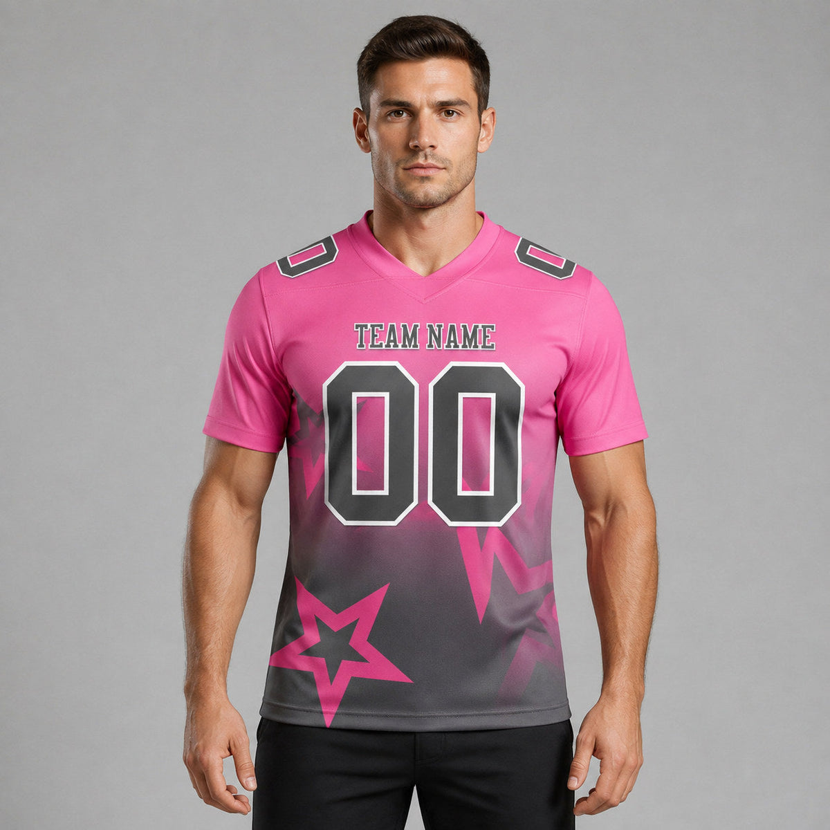 Custom Pink Gradient Twinkle Star Authentic Football Jersey with Steel Gray and White Lettering worn by male model