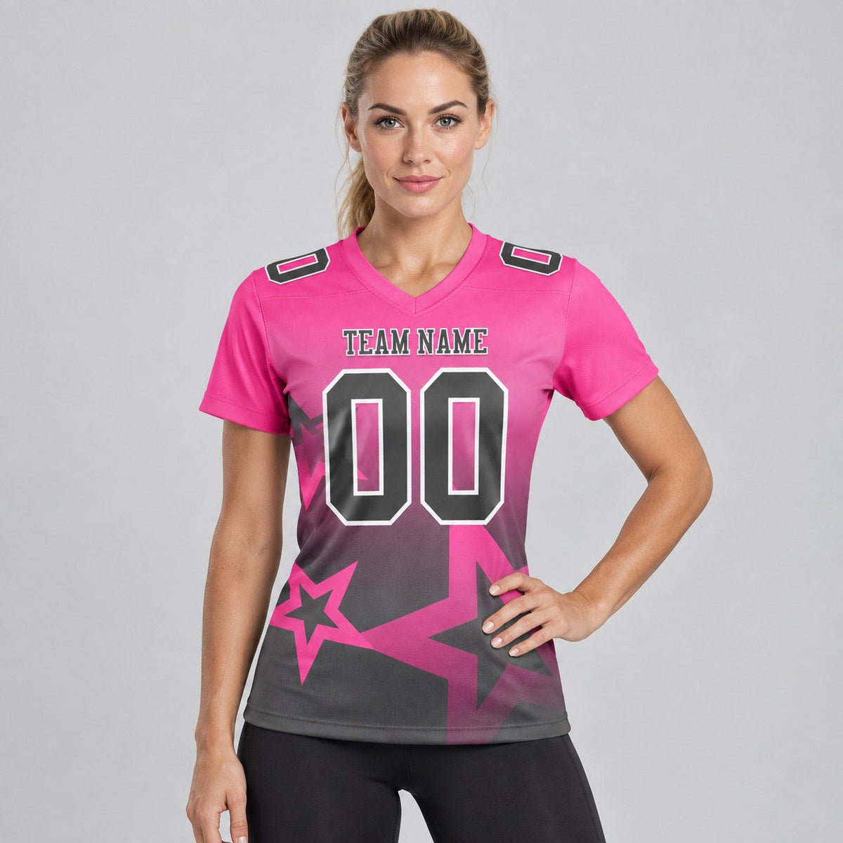 Custom Pink Gradient Twinkle Star Authentic Football Jersey with Steel Gray and White Lettering worn by female model