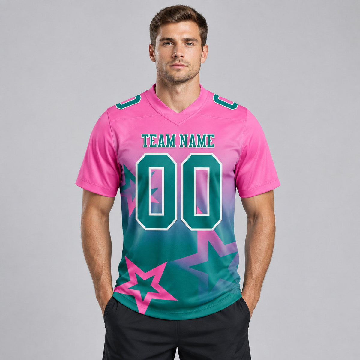 Custom Pink Gradient Twinkle Star Authentic Football Jersey with Teal and White Lettering worn by male model