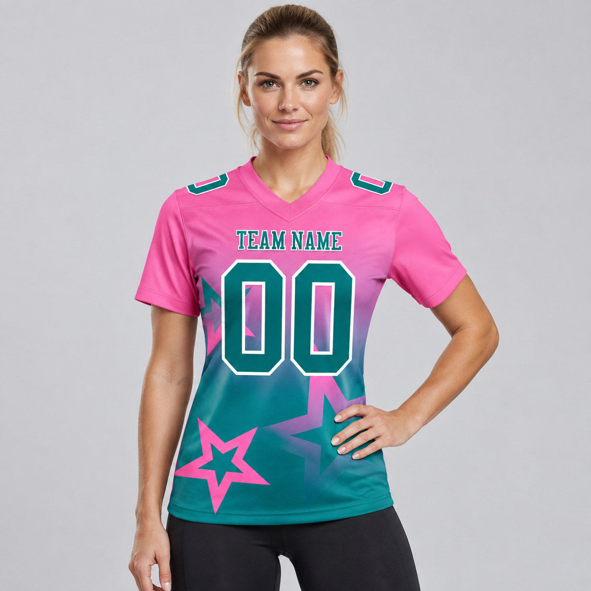 Custom Pink Gradient Twinkle Star Authentic Football Jersey with Teal and White Lettering worn by female model