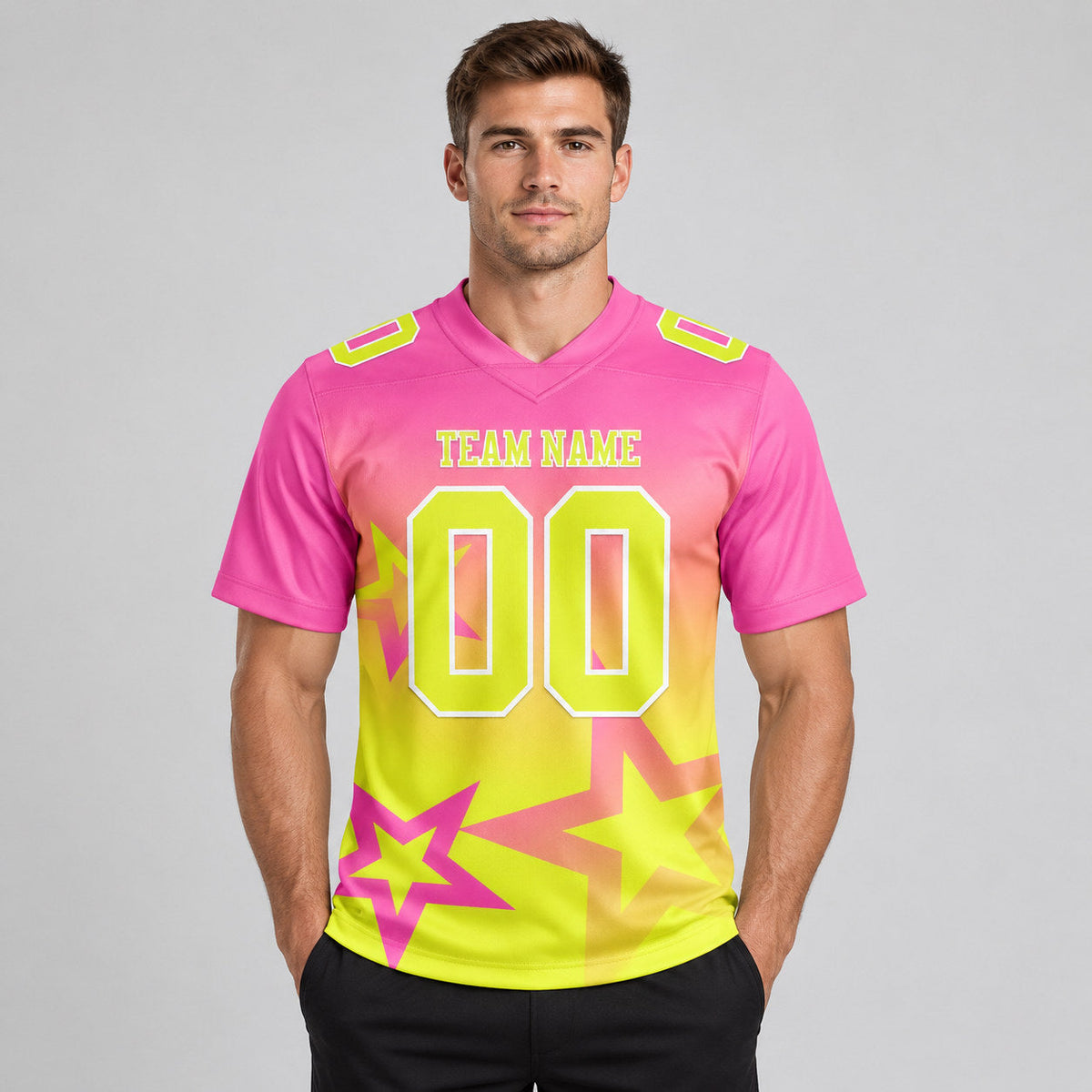 Custom Pink Gradient Twinkle Star Authentic Football Jersey with Neon Yellow and White Lettering worn by male model