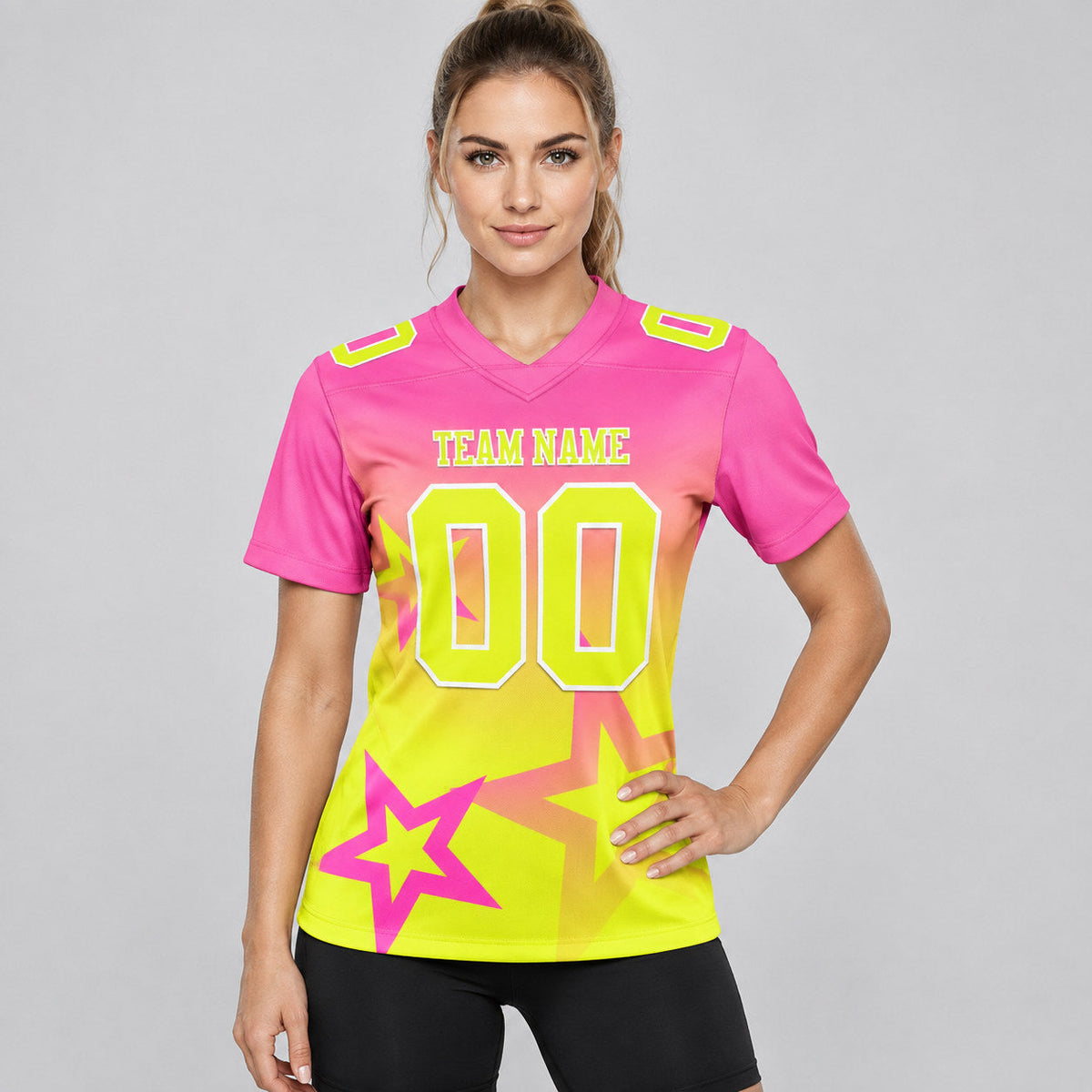 Custom Pink Gradient Twinkle Star Authentic Football Jersey with Neon Yellow and White Lettering worn by female model