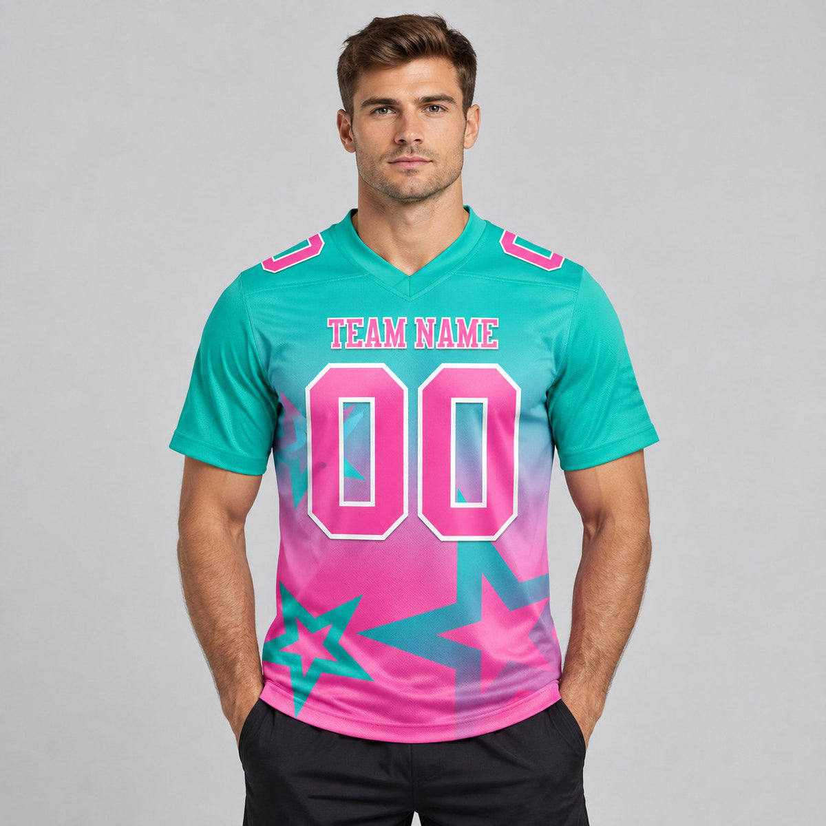 Custom Aqua Gradient Twinkle Star Authentic Football Jersey with Pink and White Lettering worn by male model