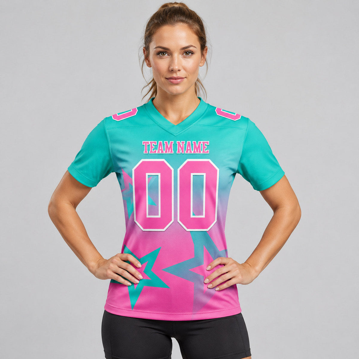 Custom Aqua Gradient Twinkle Star Authentic Football Jersey with Pink and White Lettering worn by female model