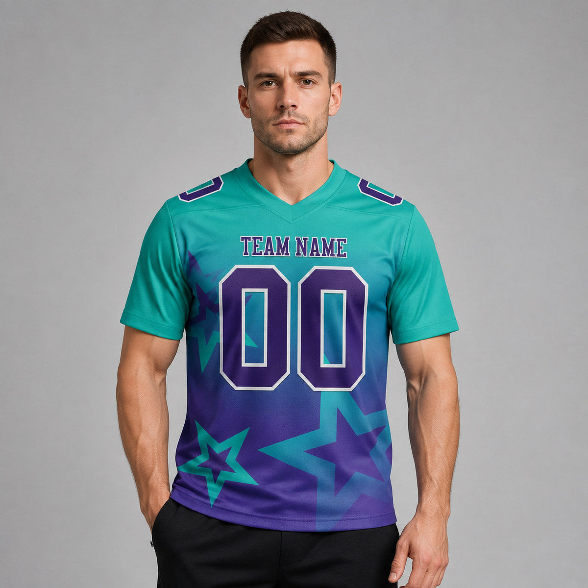Custom Aqua Gradient Twinkle Star Authentic Football Jersey with Purple and White Lettering worn by male model