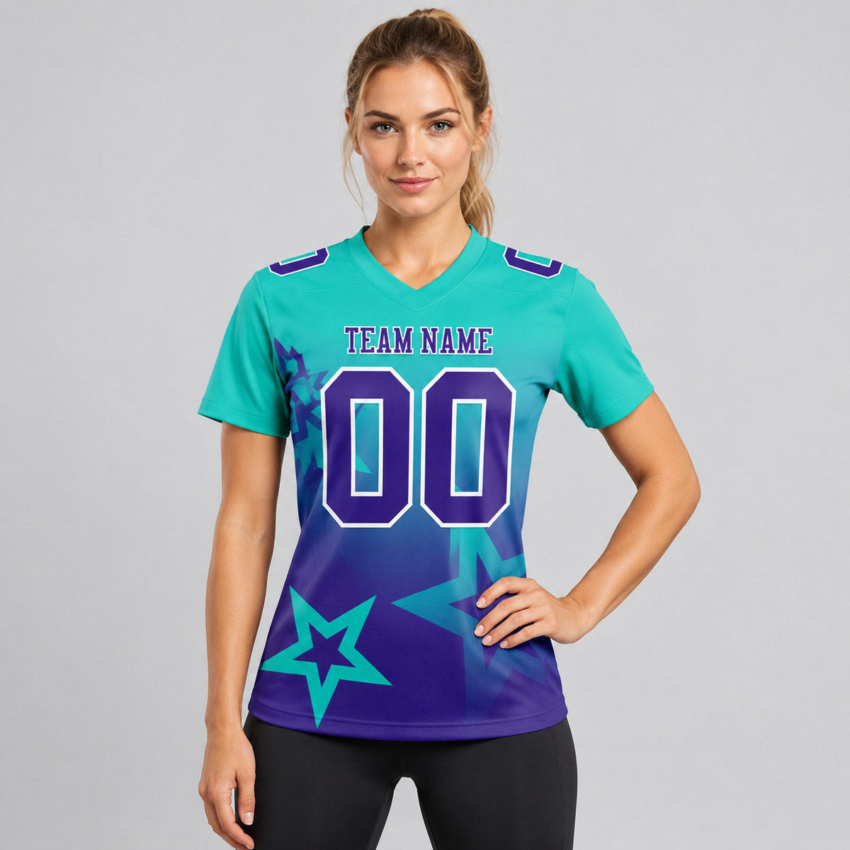 Custom Aqua Gradient Twinkle Star Authentic Football Jersey with Purple and White Lettering worn by female model