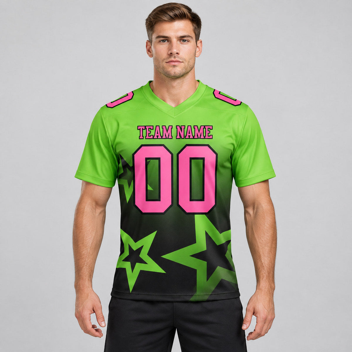 Custom Neon Green Gradient Twinkle Star Authentic Football Jersey with Pink and Black Lettering worn by male model