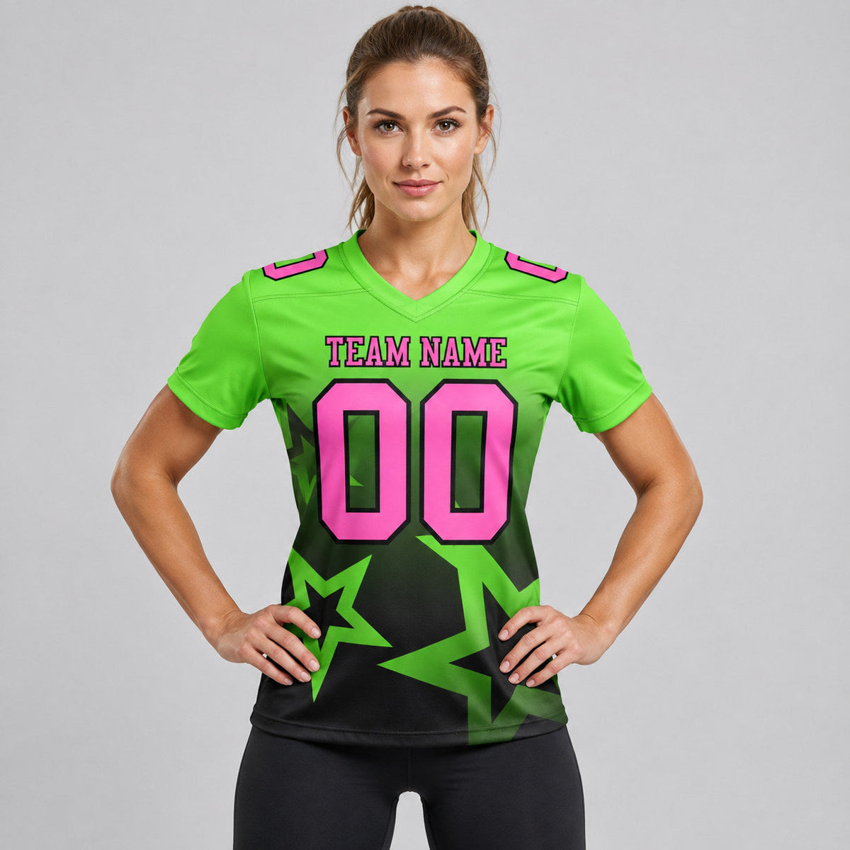 Custom Neon Green Gradient Twinkle Star Authentic Football Jersey with Pink and Black Lettering worn by female model