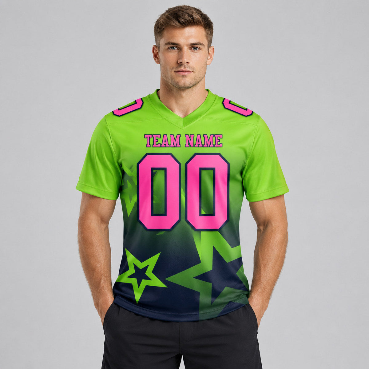 Custom Neon Green Gradient Twinkle Star Authentic Football Jersey with Pink and Navy Lettering worn by male model