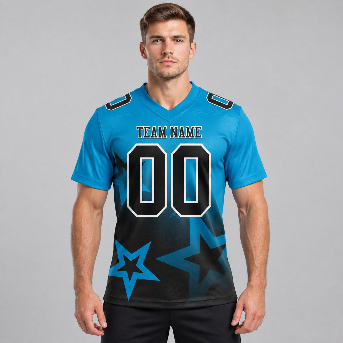Custom Panther Blue Gradient Twinkle Star Authentic Football Jersey with Black and White Lettering worn by male model