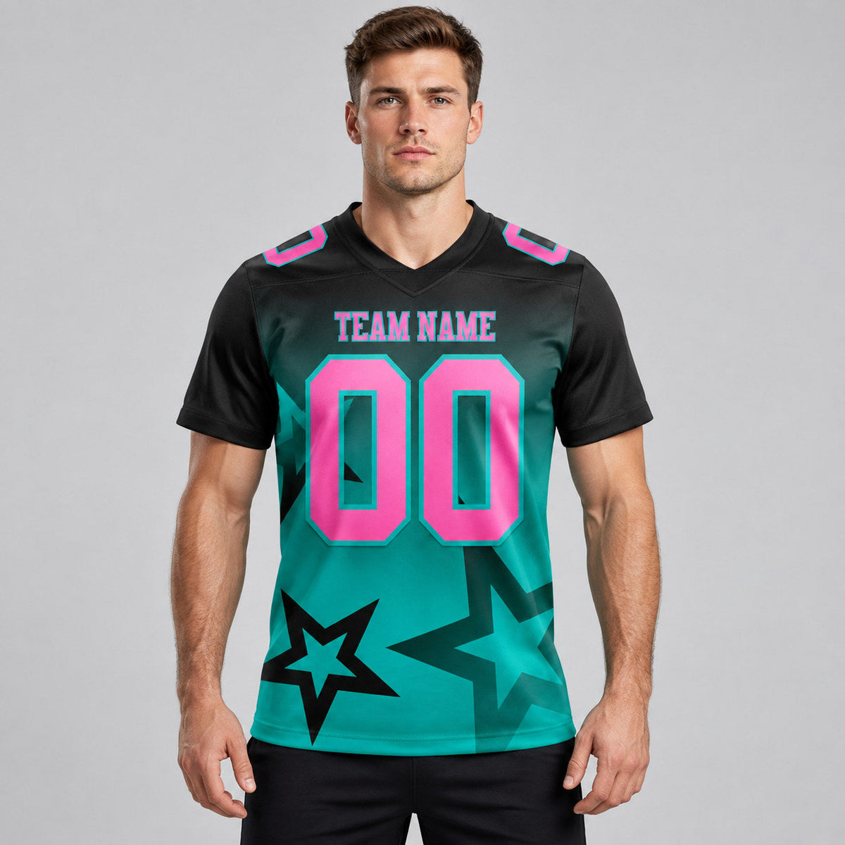 Custom Black Gradient Twinkle Star Authentic Football Jersey with Pink and Aqua Lettering worn by male model