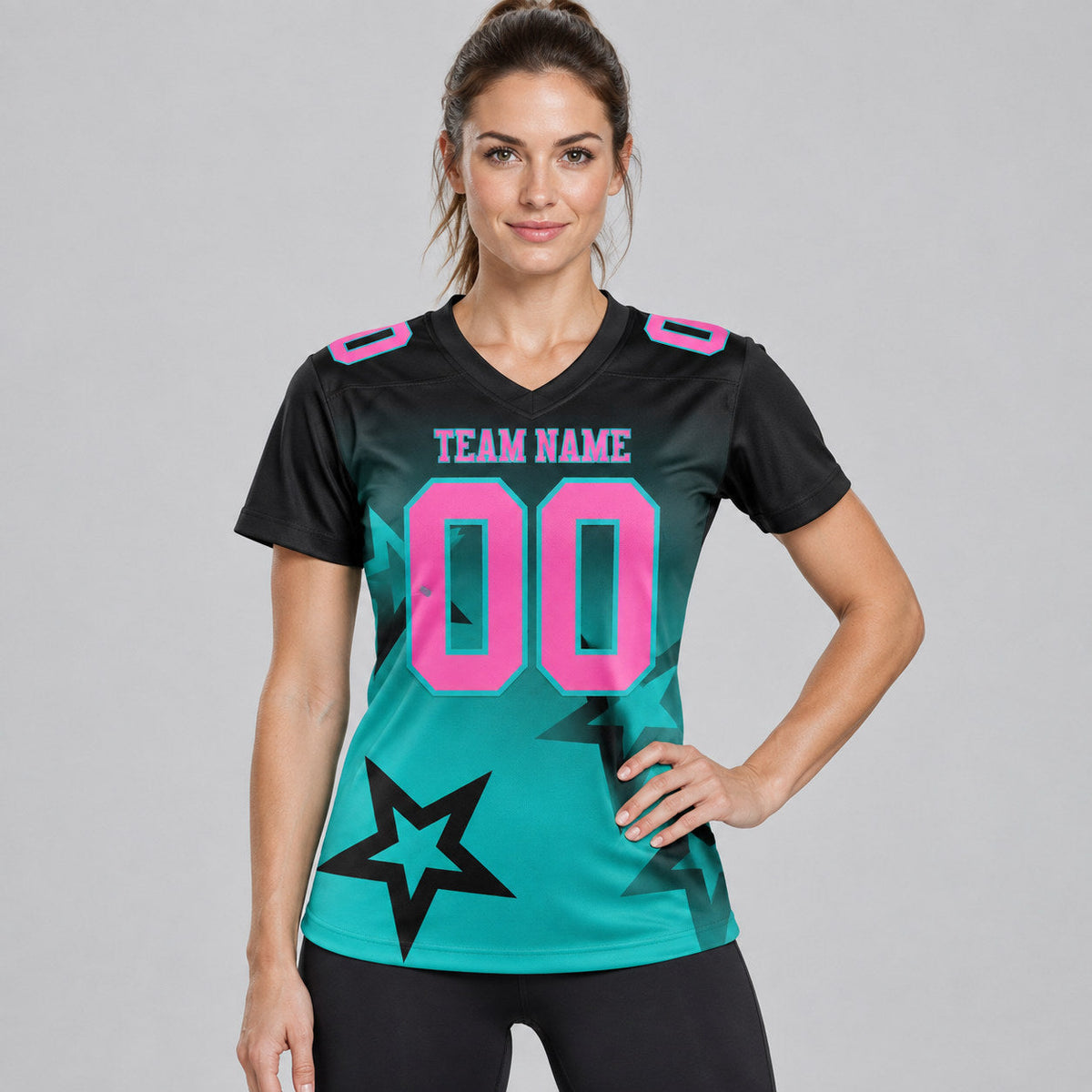 Custom Black Gradient Twinkle Star Authentic Football Jersey with Pink and Aqua Lettering worn by female model