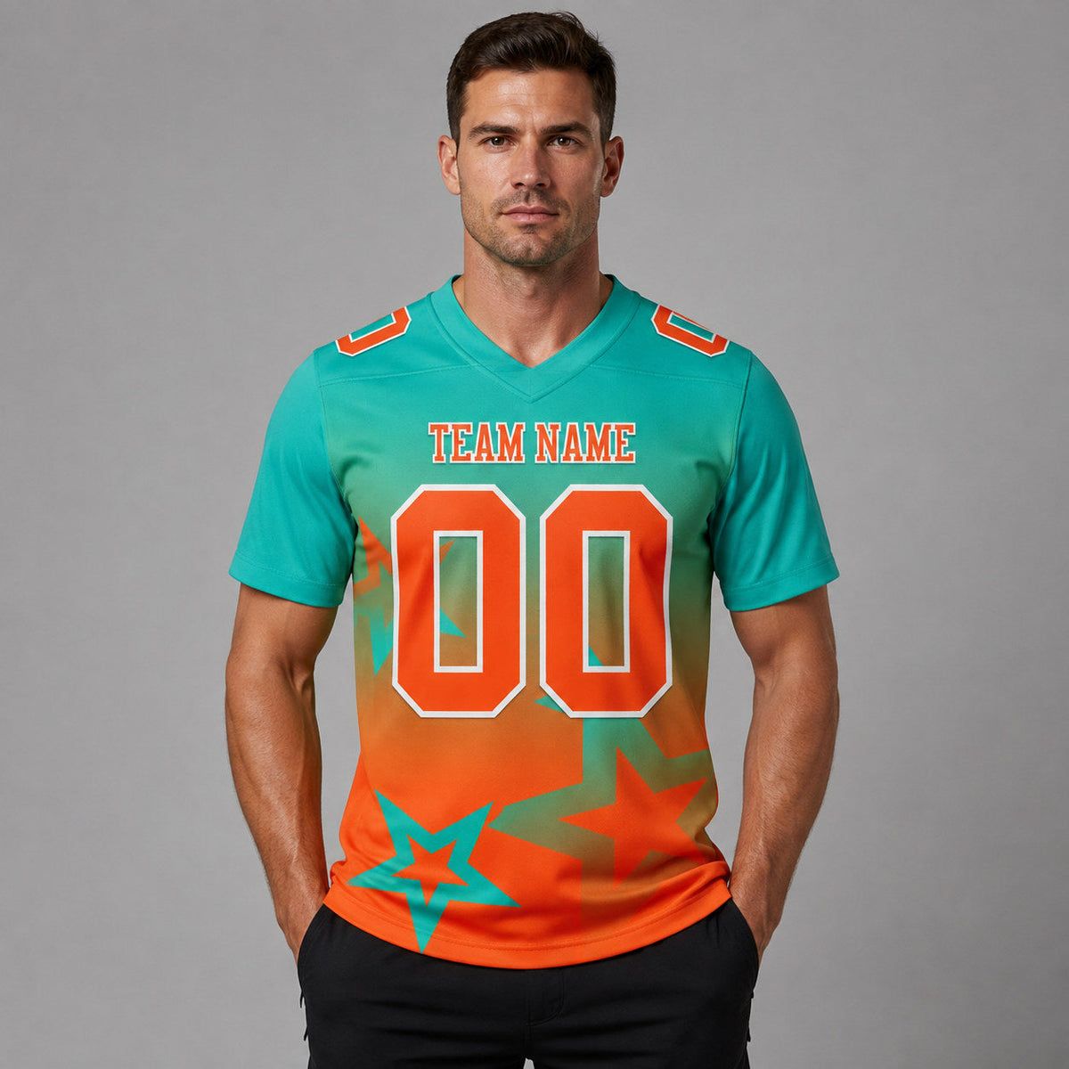 Custom Aqua Gradient Twinkle Star Authentic Football Jersey with Orange and White Lettering worn by male model