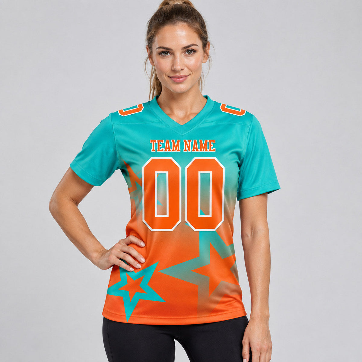 Custom Aqua Gradient Twinkle Star Authentic Football Jersey with Orange and White Lettering worn by female model