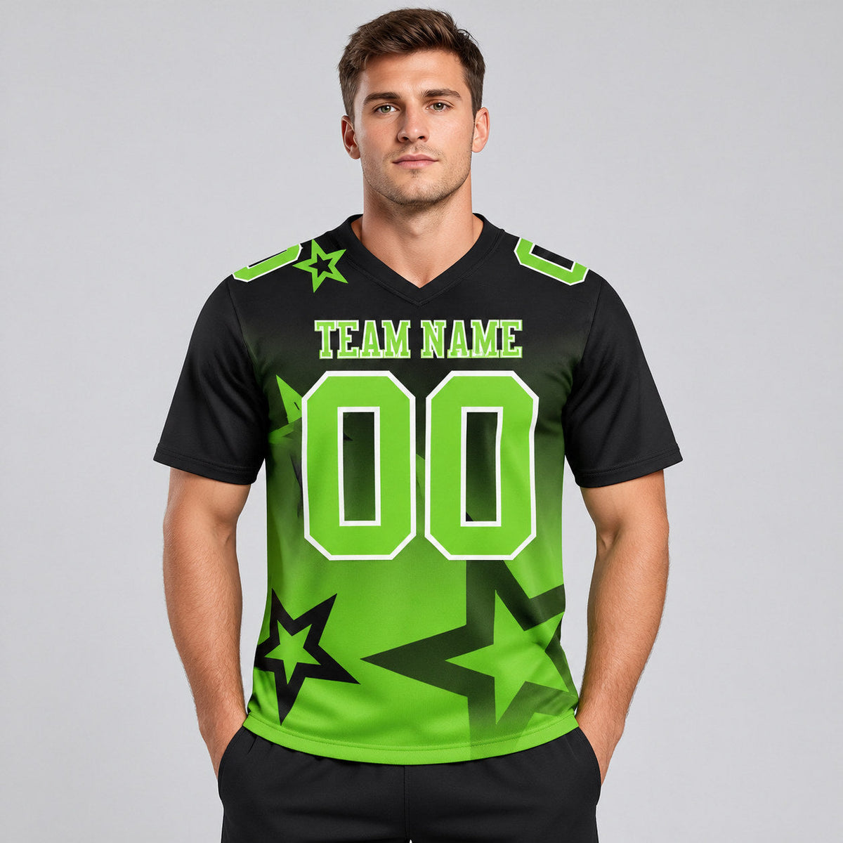 Custom Black Gradient Twinkle Star Authentic Football Jersey with Neon Green and White Lettering worn by male model