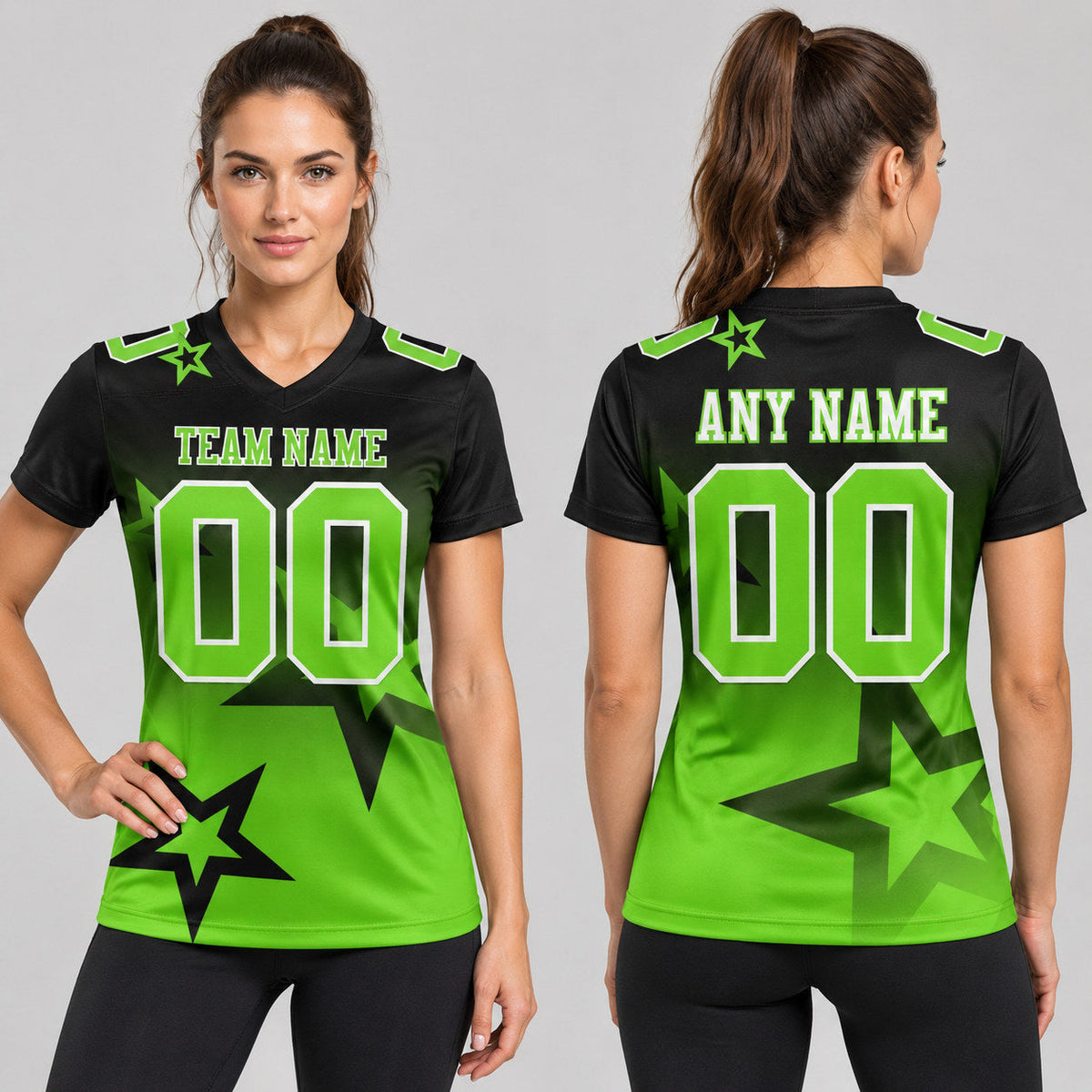 Custom Black Gradient Twinkle Star Authentic Football Jersey with Neon Green and White Lettering worn by female model