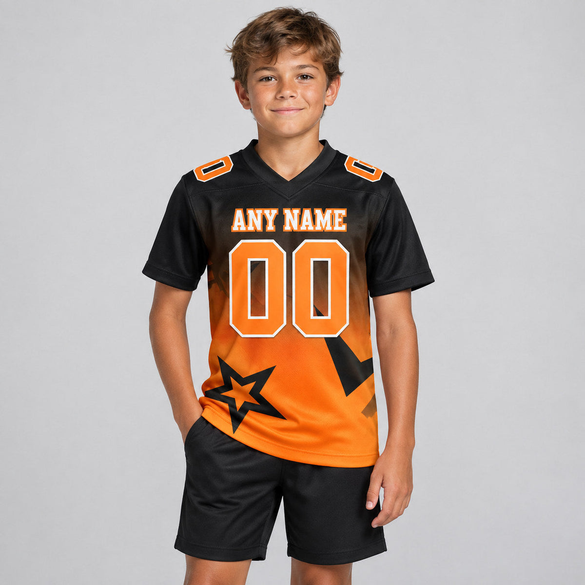 Custom Black Gradient Twinkle Star Authentic Football Jersey with Bay Orange and White Lettering youth size worn by child model