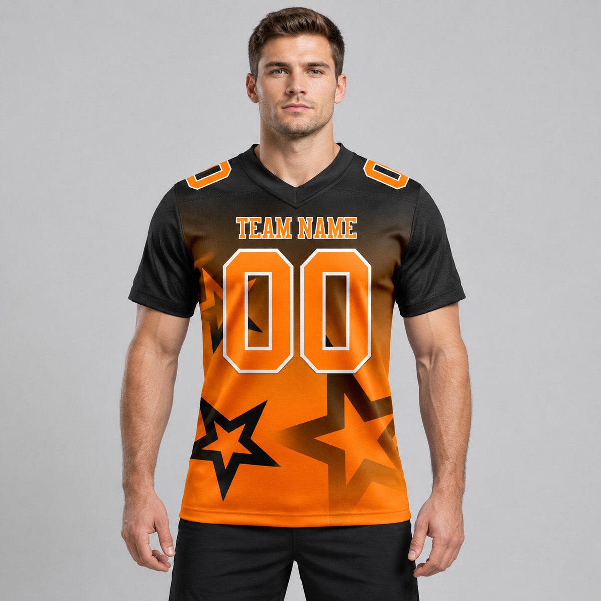 Custom Black Gradient Twinkle Star Authentic Football Jersey with Bay Orange and White Lettering worn by male model