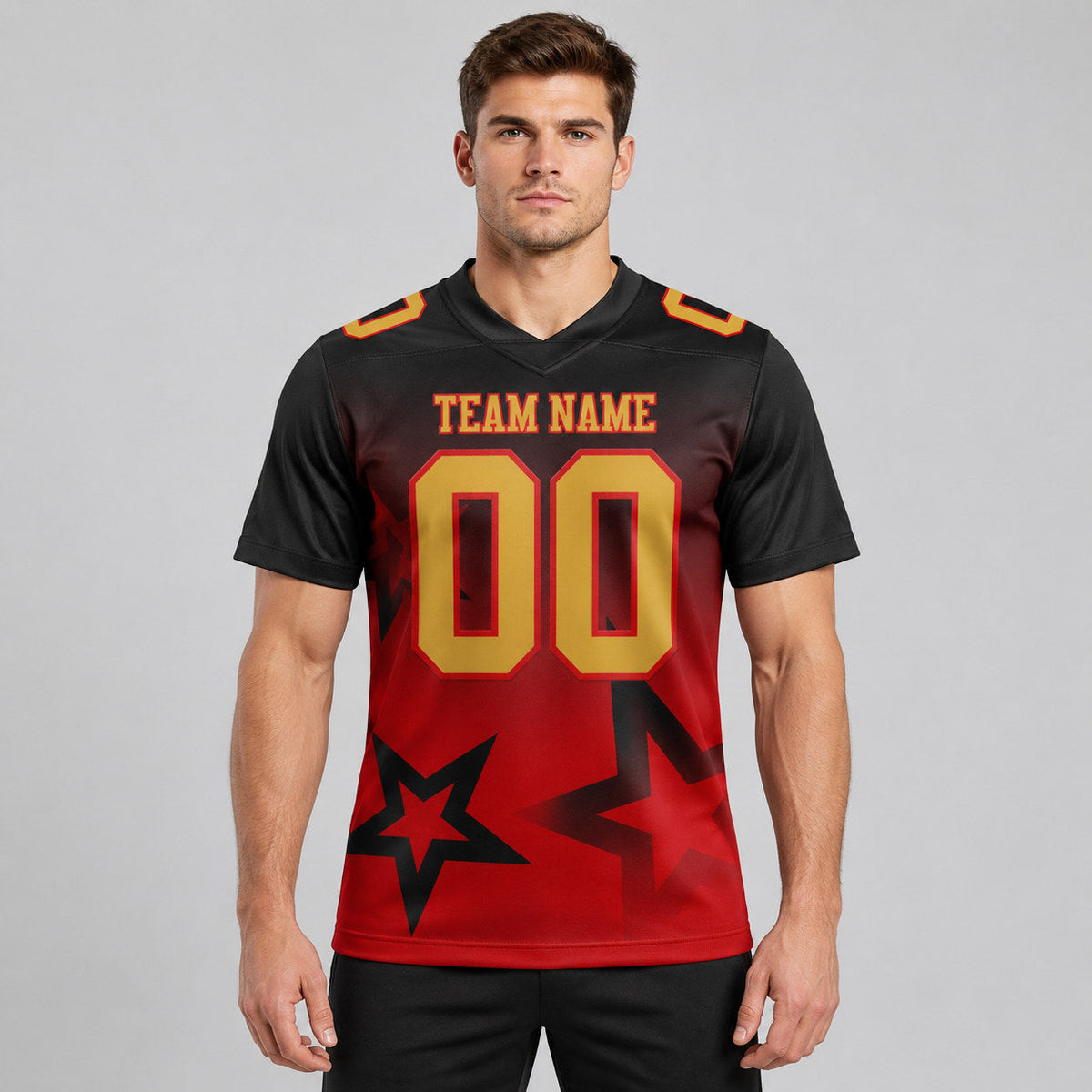 Custom Black Gradient Twinkle Star Authentic Football Jersey with Old Gold and Red Lettering worn by male model