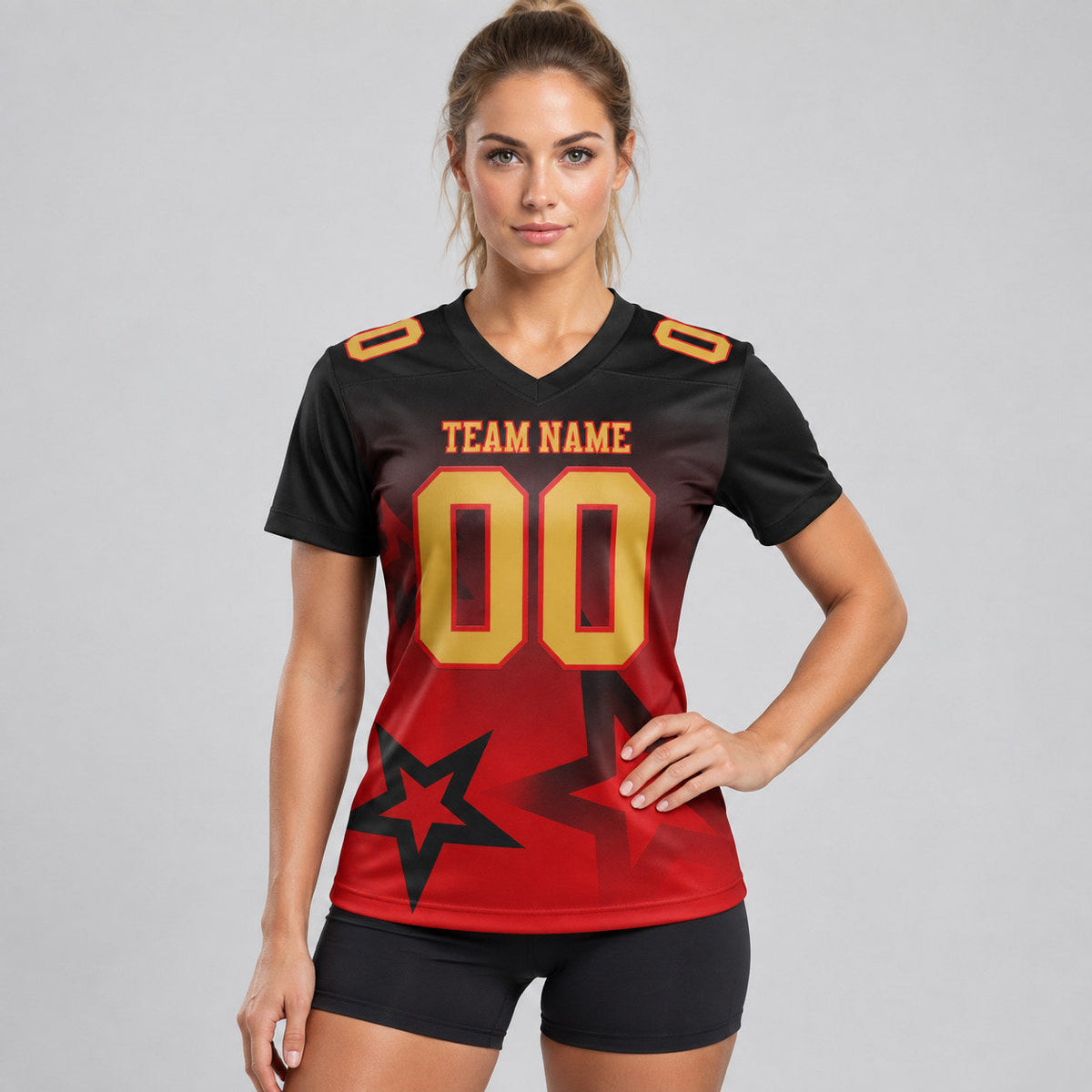 Custom Black Gradient Twinkle Star Authentic Football Jersey with Old Gold and Red Lettering worn by female model