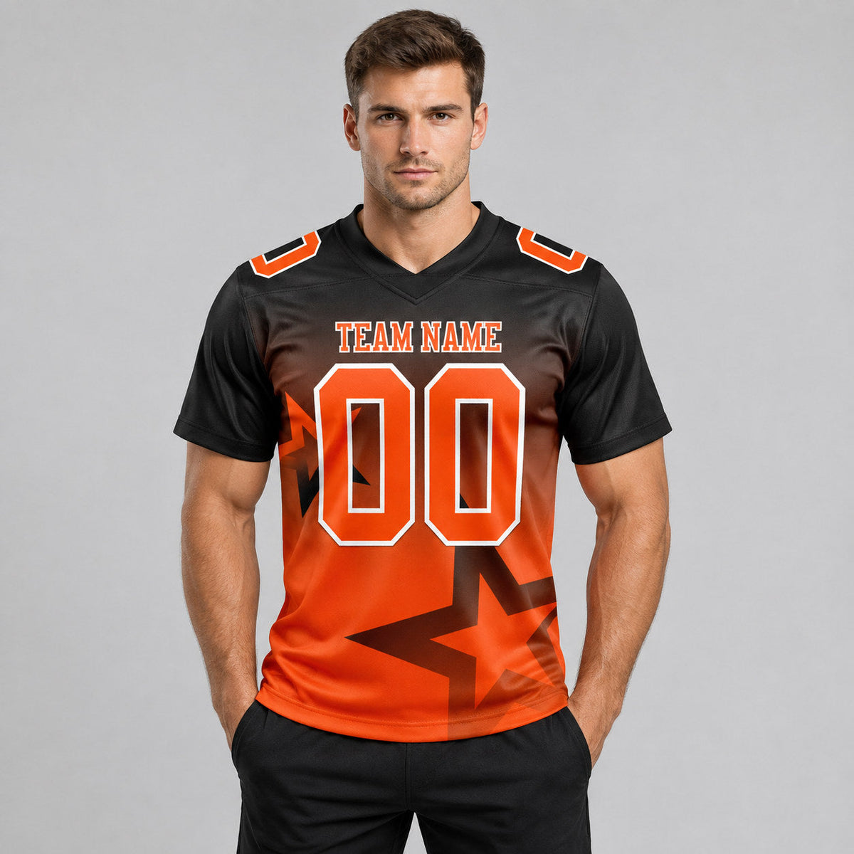 Custom Black Gradient Twinkle Star Authentic Football Jersey with Orange and White Lettering worn by male model