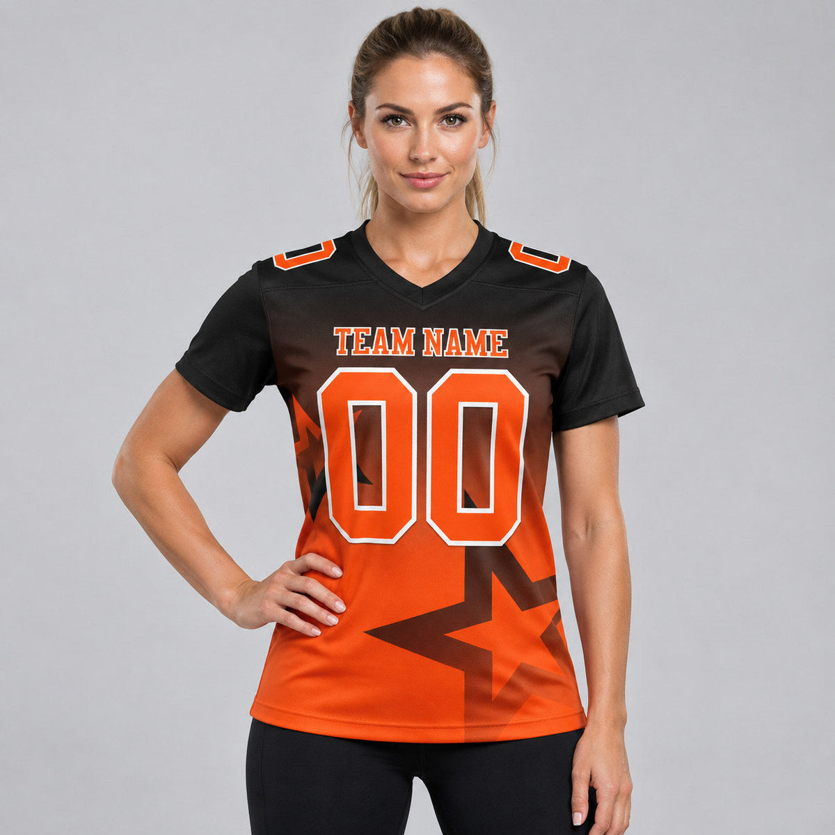 Custom Black Gradient Twinkle Star Authentic Football Jersey with Orange and White Lettering worn by female model