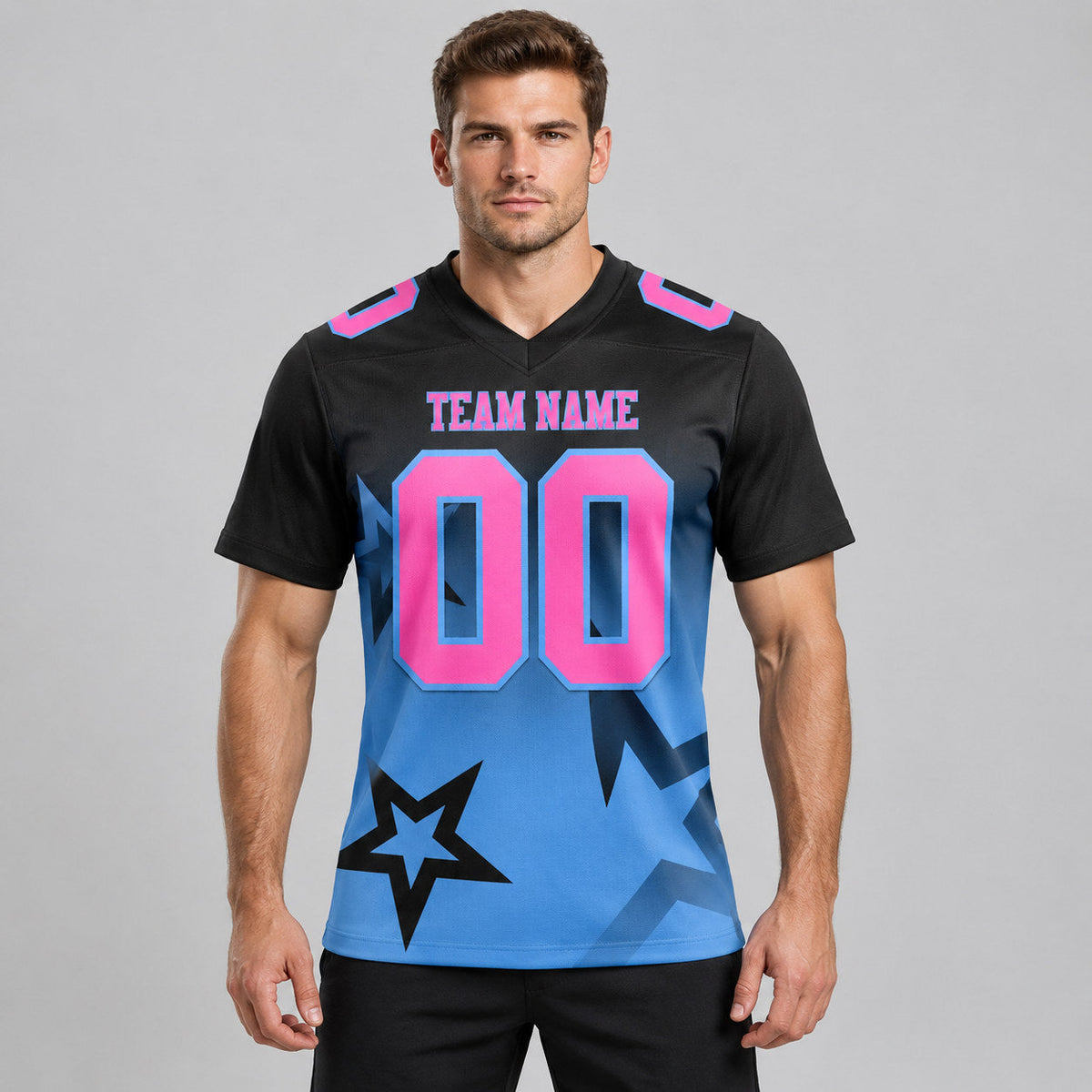 Custom Black Gradient Twinkle Star Authentic Football Jersey with Pink and Light Blue Lettering worn by male model