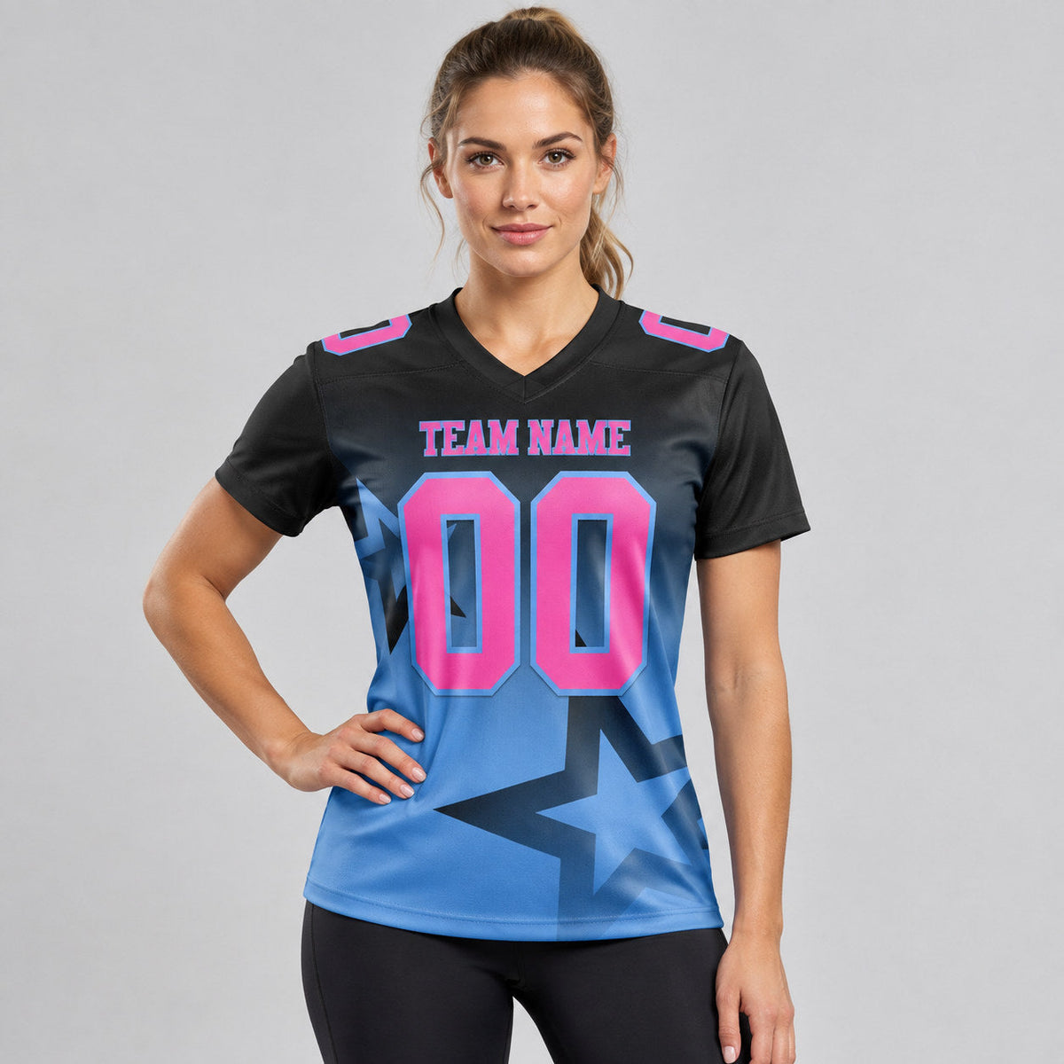 Custom Black Gradient Twinkle Star Authentic Football Jersey with Pink and Light Blue Lettering worn by female model
