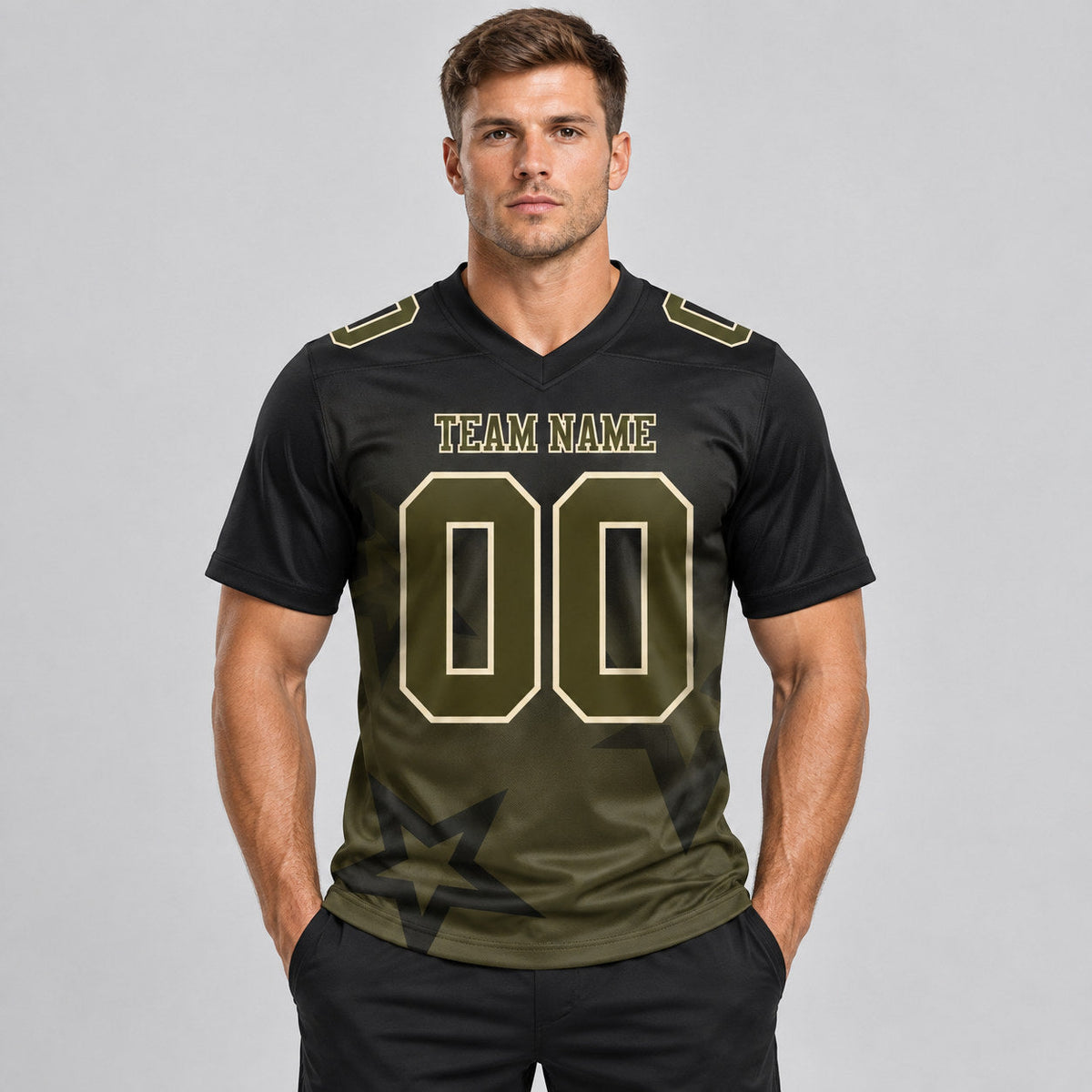 Custom Black Gradient Twinkle Star Authentic Football Jersey with Olive and Cream Lettering worn by male model