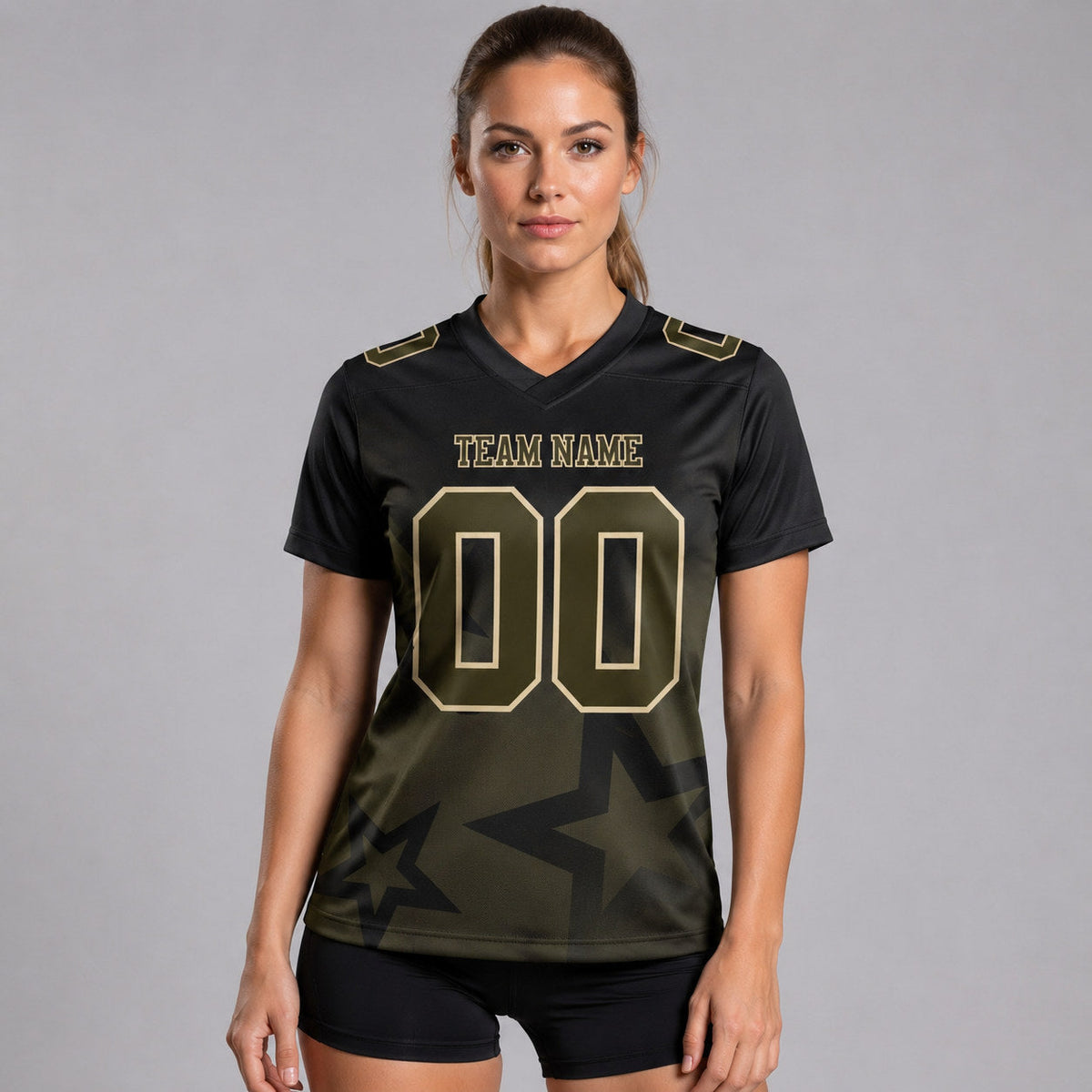 Custom Black Gradient Twinkle Star Authentic Football Jersey with Olive and Cream Lettering worn by female model