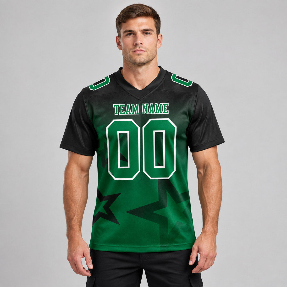 Custom Black Gradient Twinkle Star Authentic Football Jersey with Kelly Green and White Lettering worn by male model