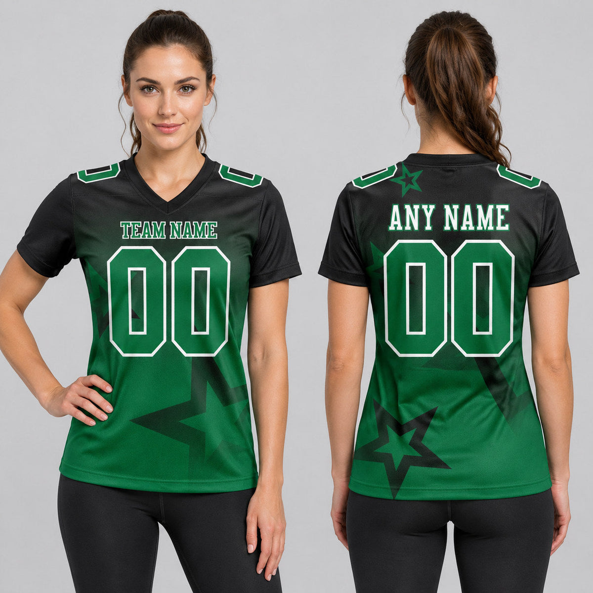 Custom Black Gradient Twinkle Star Authentic Football Jersey with Kelly Green and White Lettering worn by female model