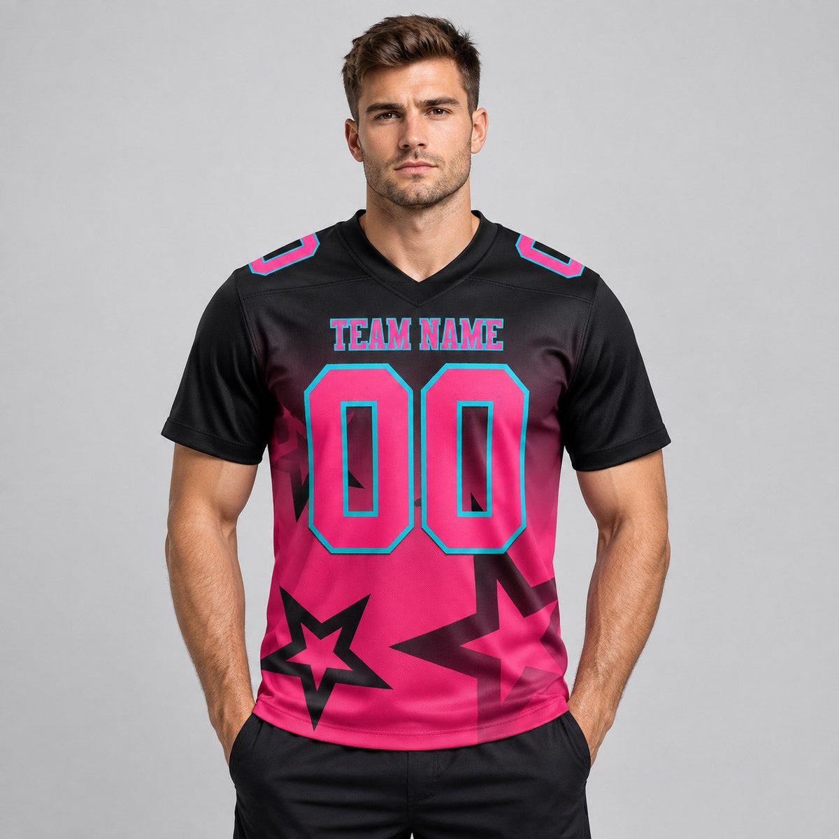 Custom Black Gradient Twinkle Star Authentic Football Jersey with Neon Pink and Aqua Lettering worn by male model