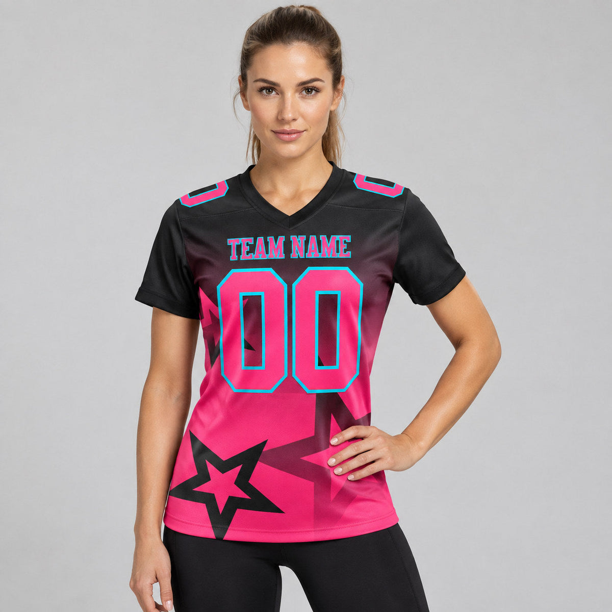 Custom Black Gradient Twinkle Star Authentic Football Jersey with Neon Pink and Aqua Lettering worn by female model