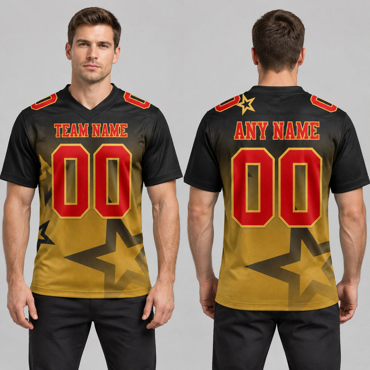 Custom Black Gradient Twinkle Star Authentic Football Jersey with Red and Old Gold Lettering worn by male model