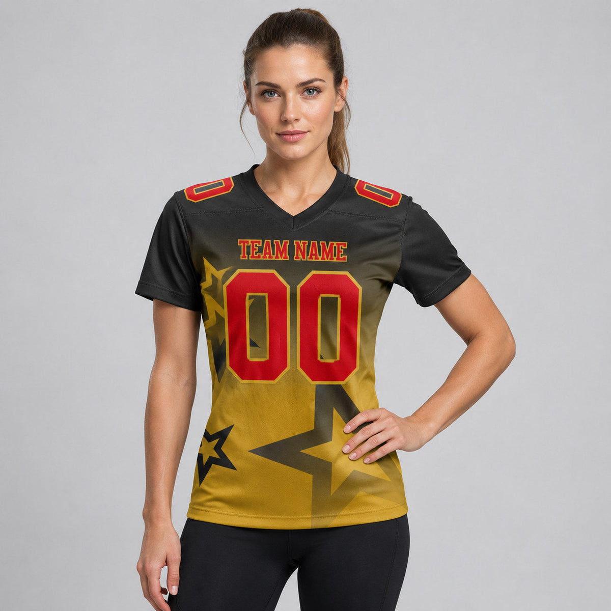 Custom Black Gradient Twinkle Star Authentic Football Jersey with Red and Old Gold Lettering worn by female model
