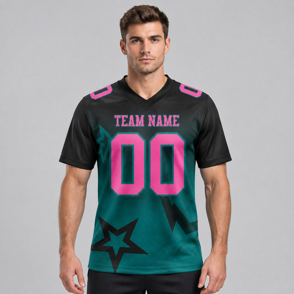 Custom Black Gradient Twinkle Star Authentic Football Jersey with Pink and Teal Lettering worn by male model