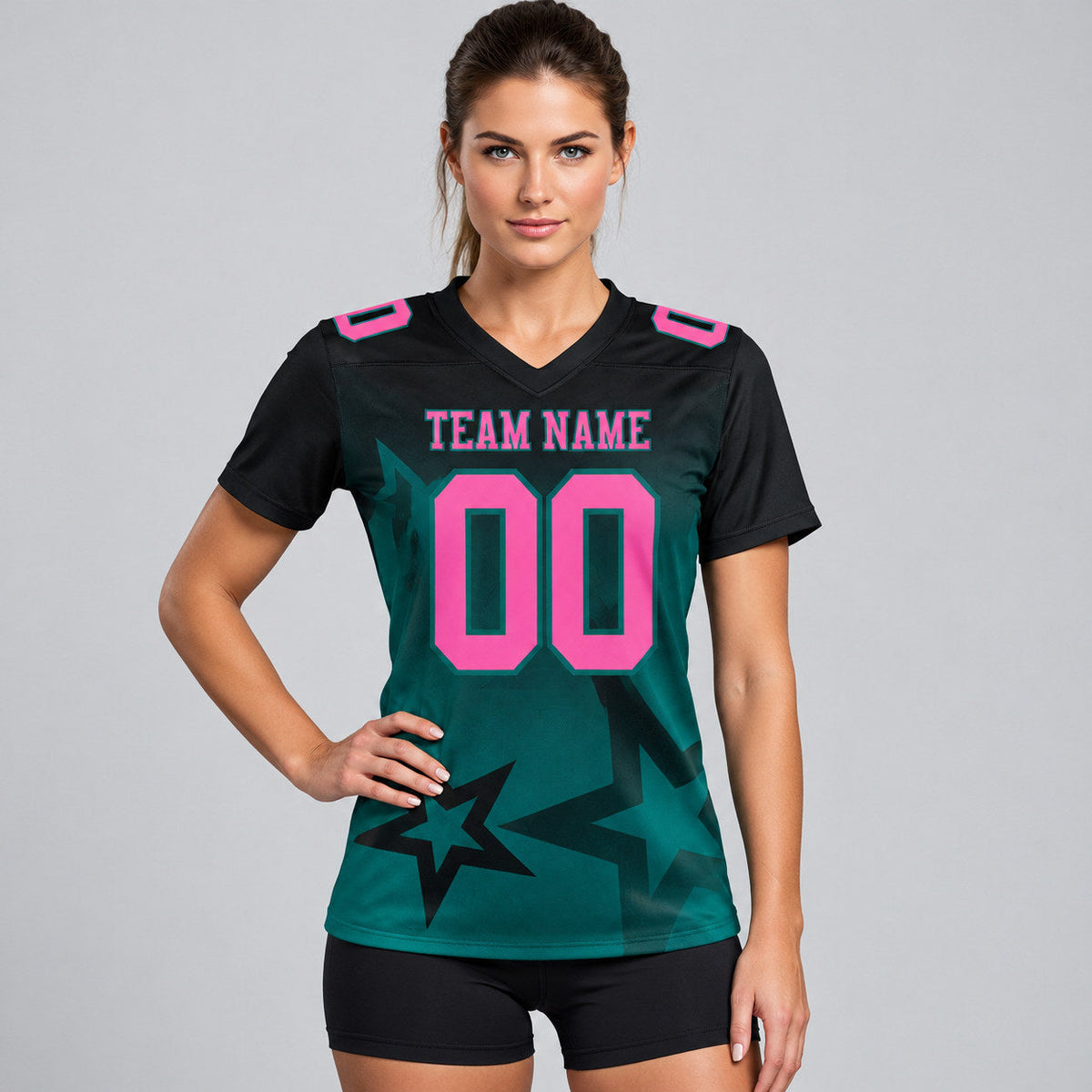 Custom Black Gradient Twinkle Star Authentic Football Jersey with Pink and Teal Lettering worn by female model