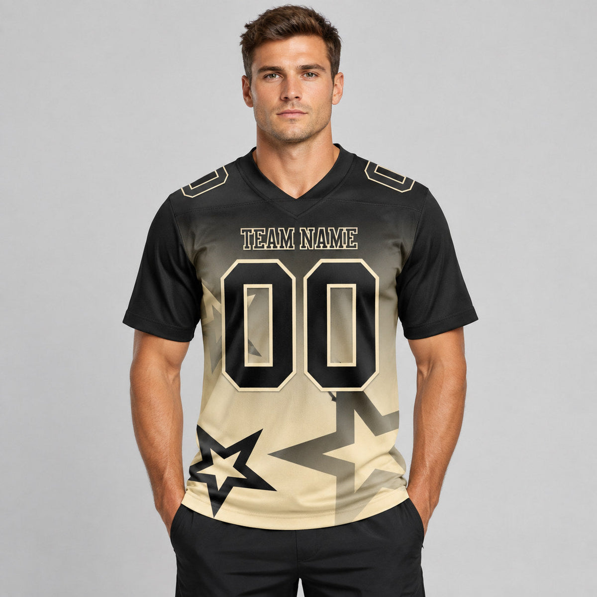 Custom Black and Cream Gradient Twinkle Star Authentic Football Jersey worn by male model