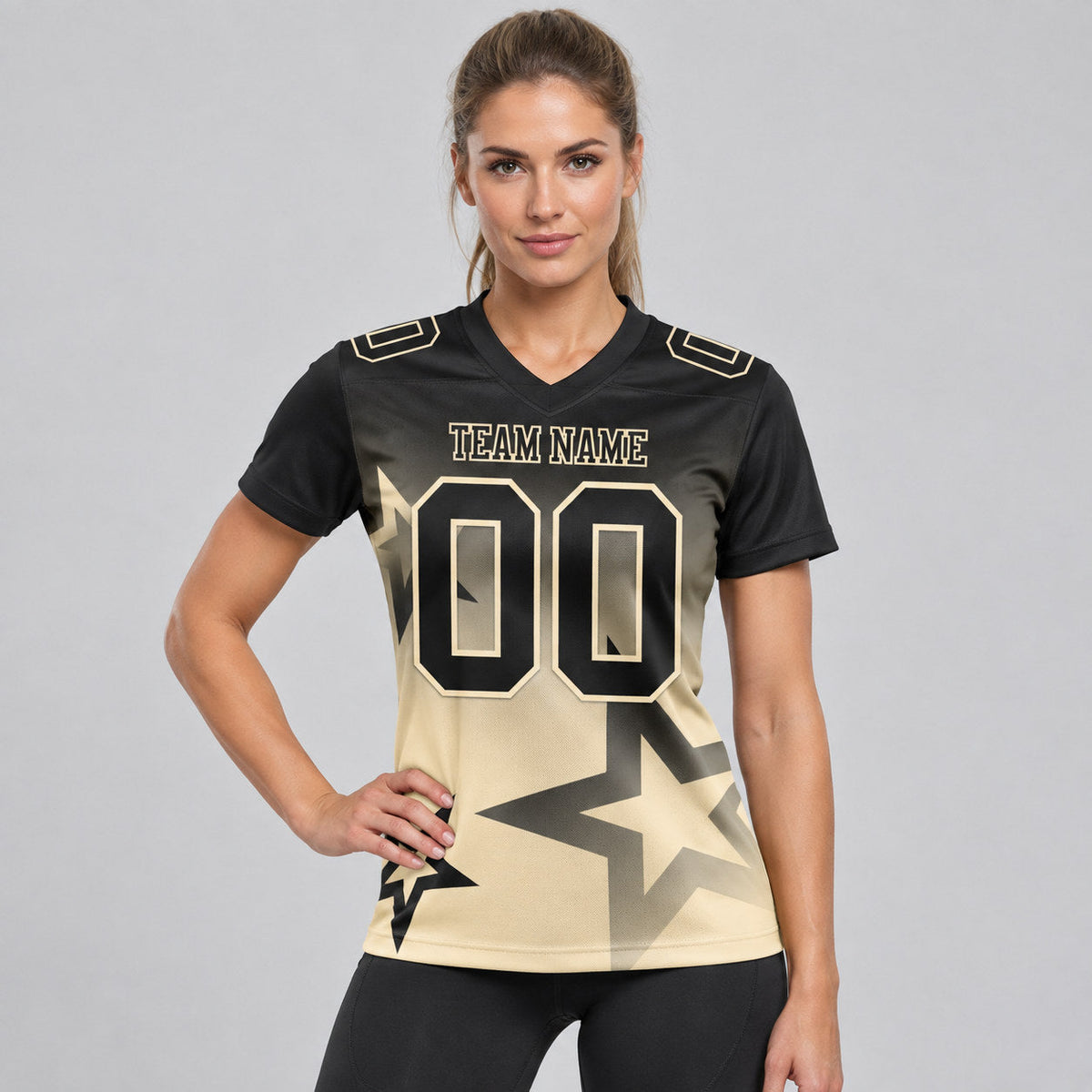 Custom Black and Cream Gradient Twinkle Star Authentic Football Jersey worn by female model