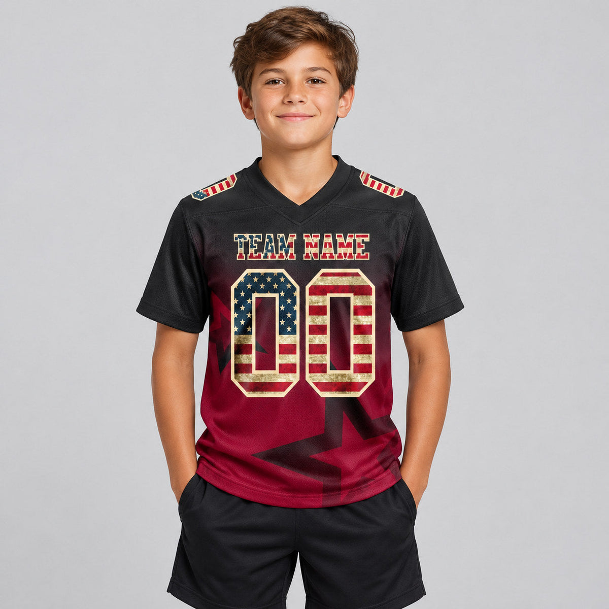 Custom Black Vintage USA Flag Authentic Football Jersey with Crimson and Cream Lettering Design 18743 youth size worn by child model