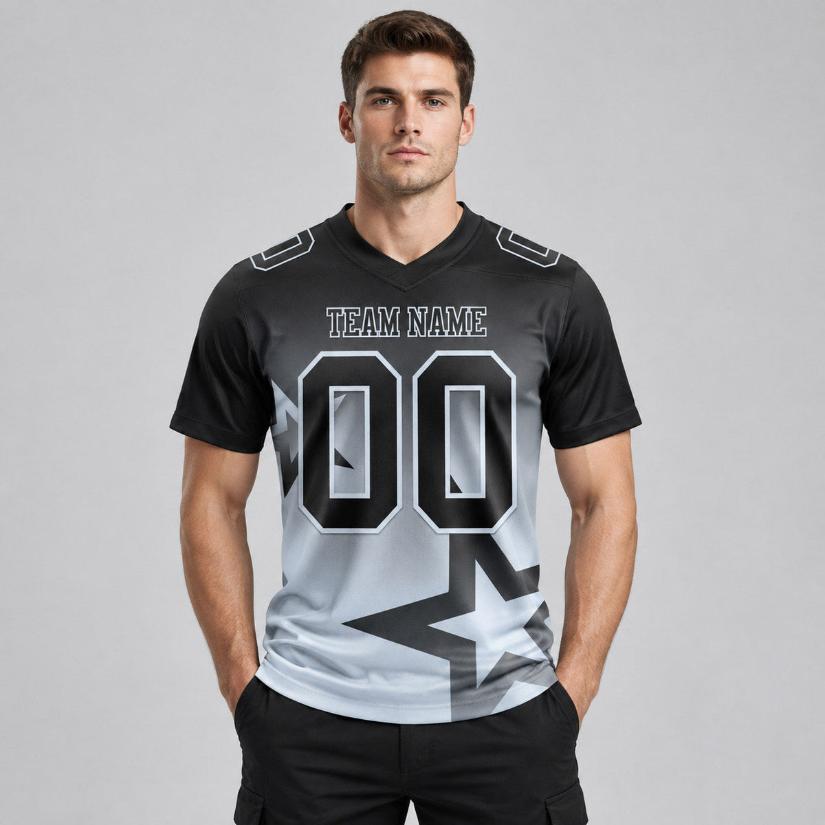 Custom Black and Silver Gradient Twinkle Star Authentic Football Jersey worn by male model
