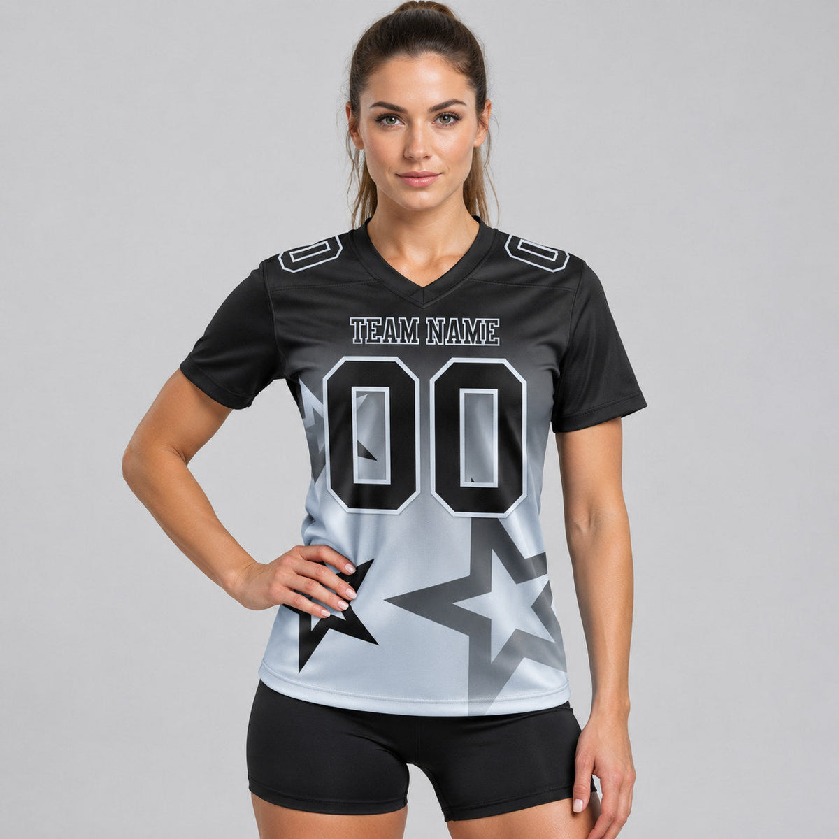 Custom Black and Silver Gradient Twinkle Star Authentic Football Jersey worn by female model