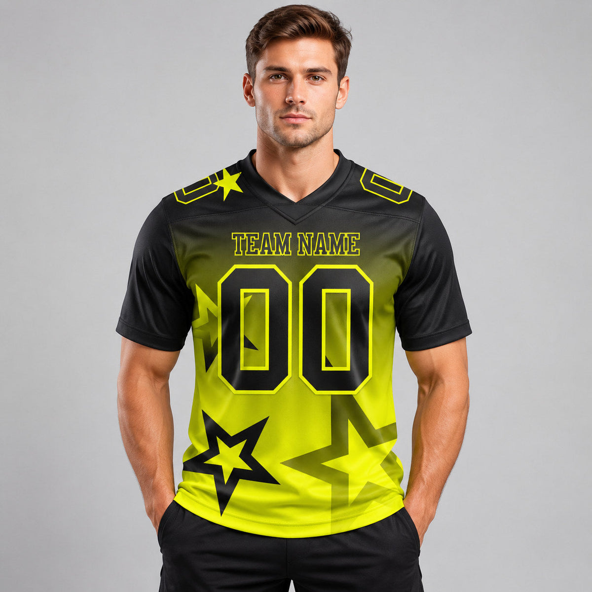 Custom Black and Neon Yellow Gradient Twinkle Star Authentic Football Jersey worn by male model
